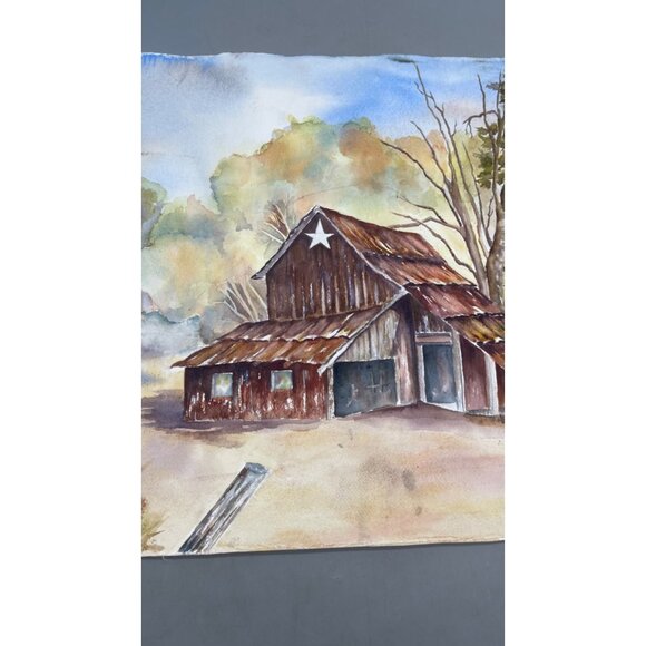 Watercolor Artwork Of Rustic Barn & Trees Farm landscape brown On Textured Paper - Picture 3 of 5